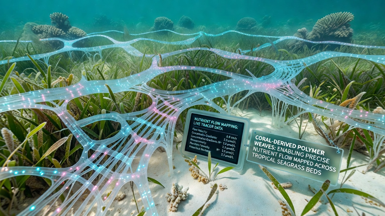 Underwater view of polymer weave sensors mapping nutrient distribution in dense seagrass meadows